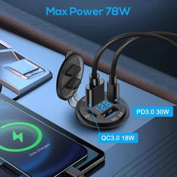 4口12V双USB 双Type-C端口插座电压表PD QC改装汽车充电器 - 图片 3