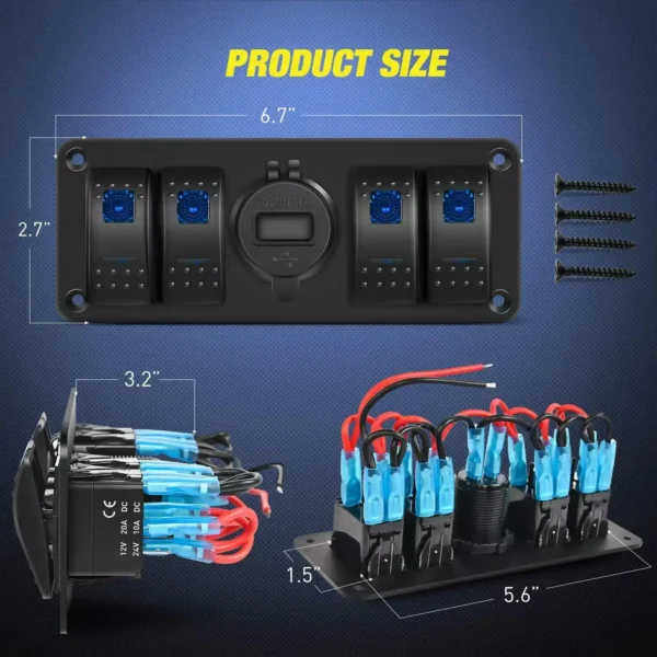 DC 12v摇臂开关QC3.0双USB充电器电压表4组摇臂开关面板汽车卡车船房车 - 图片 2