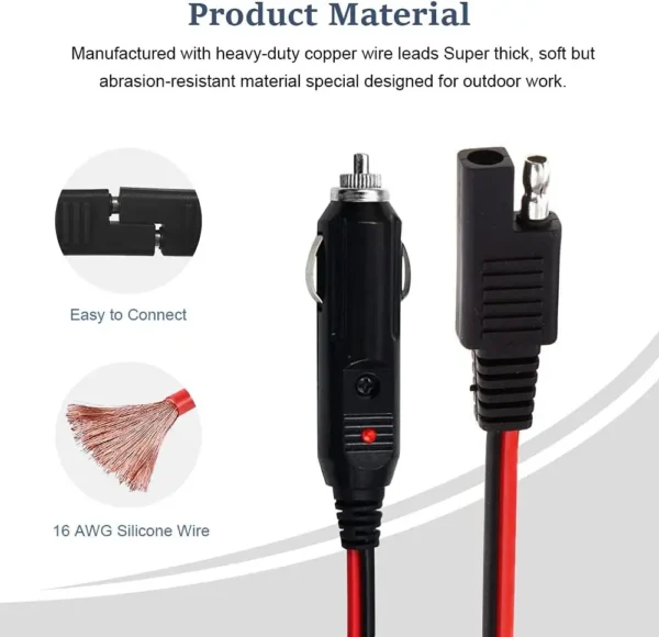 SAE至汽车公点烟器延长线12V-24V重型软线15A保险丝汽车电池充电器引线带发光二极管灯5英尺 - 图片 3