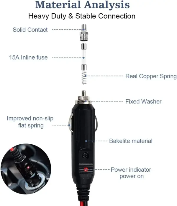 SAE至汽车公点烟器延长线12V-24V重型软线15A保险丝汽车电池充电器引线带发光二极管灯5英尺 - 图片 4