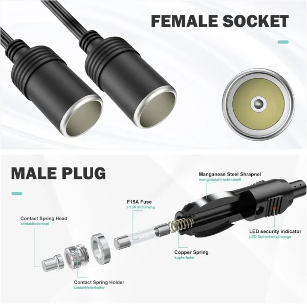 12V 24v电源充电器适配器点烟器分路器，带1个公插头至3个母插座，用于电源线和延长线 - 图片 4