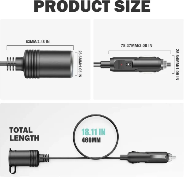 12V 24v电源充电器适配器点烟器分路器，带1个公插头至3个母插座，用于电源线和延长线 - 图片 5