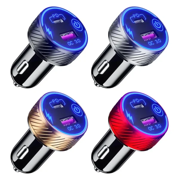 48W QC3.0 & PD C型双USB端口快速车载充电器适配器30W 5A快速充电车载电话充电器，带蓝色发光二极管和触摸开关 - 图片 3
