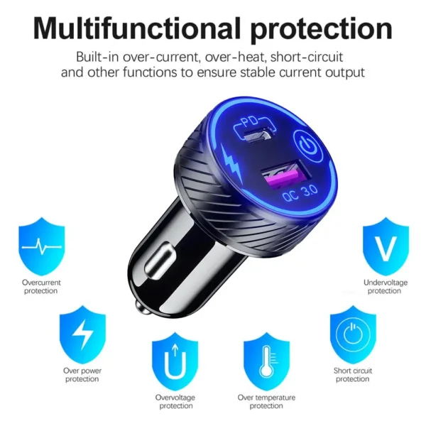 48W QC3.0 & PD C型双USB端口快速车载充电器适配器30W 5A快速充电车载电话充电器，带蓝色发光二极管和触摸开关 - 图片 2