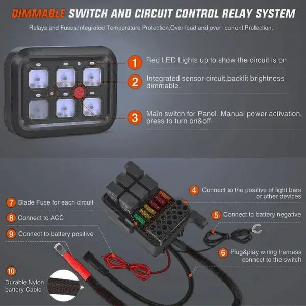 车用船用12v 24v通用继电器闪光照明开关发光二极管RGB汽车开关面板电源6组开关控制箱 - 图片 4