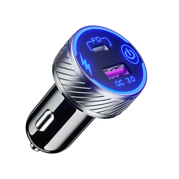 48W QC3.0 & PD C型双USB端口快速车载充电器适配器30W 5A快速充电车载电话充电器，带蓝色发光二极管和触摸开关
