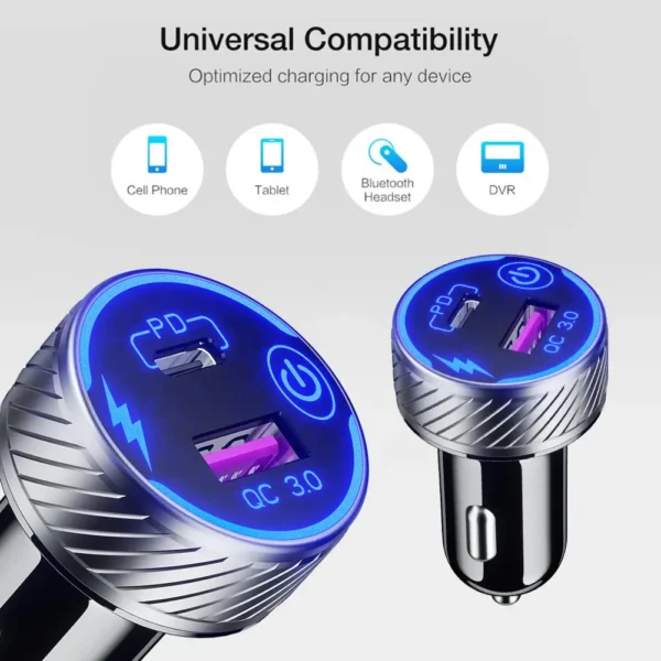48W QC3.0 & PD C型双USB端口快速车载充电器适配器30W 5A快速充电车载电话充电器，带蓝色发光二极管和触摸开关 - 图片 4