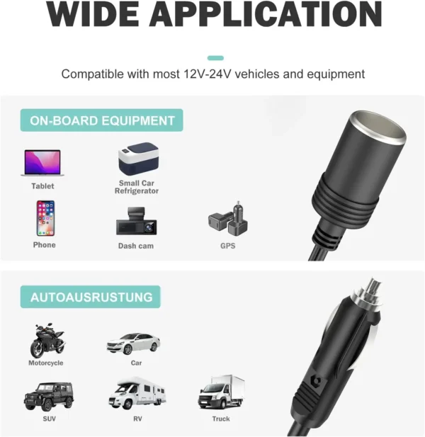 12V 24v电源充电器适配器点烟器分路器，带1个公插头至3个母插座，用于电源线和延长线 - 图片 7